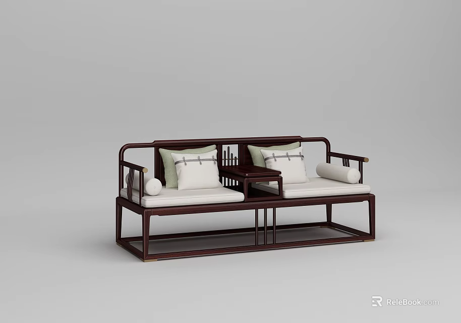 Traditional Arhat Bed With Dark Wooden Frame Light Cushions Pillows And Small Table Between Seats 3d model 