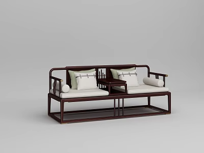 Traditional Arhat Bed With Dark Wooden Frame Light Cushions Pillows And Small Table Between Seats 3d model
