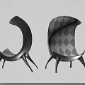 Two Modern Leisure Chairs Featuring Curved Backrest Three Legs And Gray Diamond Pattern Design