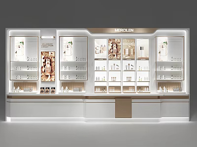 Merclen Display Shelves Modern White Design With Glass Cabinets And Elegant Products On Illuminated Racks 3d model