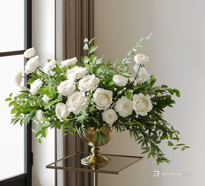 Golden Vase With White Roses And Green Leaves Floral Arrangement On Table 3d model 