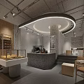 Modern Dessert Shop Interior With Pastries Display Cases Wooden Shelves Stone Counter And Cozy Seating