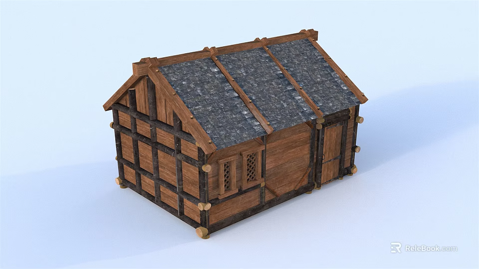 Traditional Wooden House With Slate Roof Cross Beams And Wooden Door Windows 3d model 
