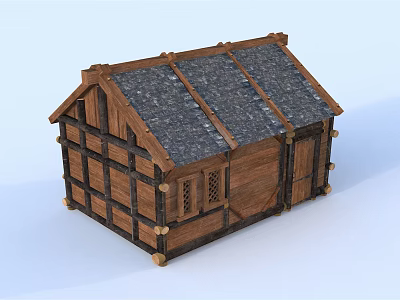 Traditional Wooden House With Slate Roof Cross Beams And Wooden Door Windows 3d model