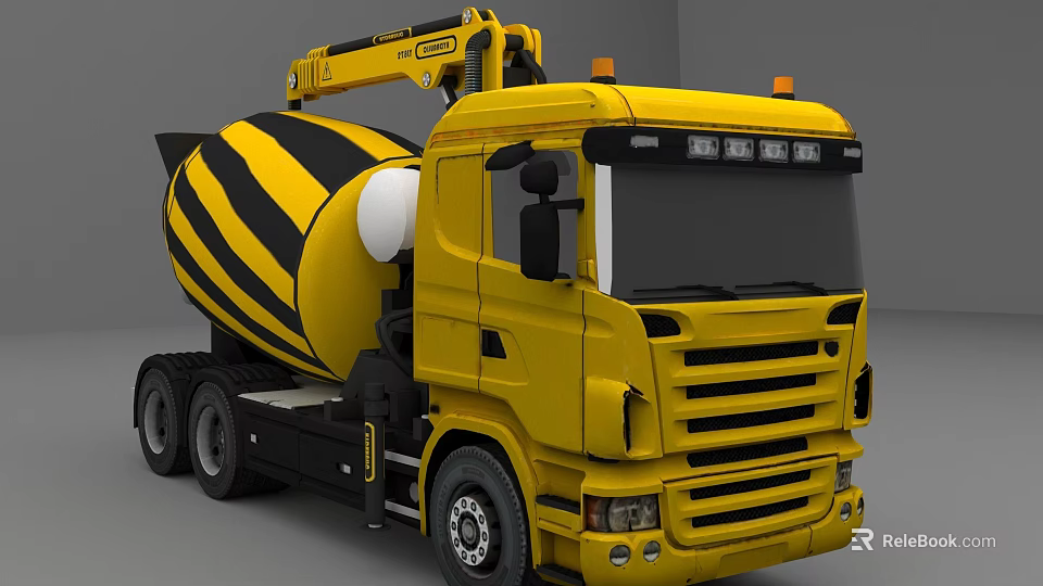 Yellow Concrete Mixer Truck With Black Stripes And Crane Arm For Construction Use 3d model 