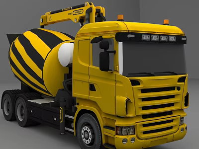 Yellow Concrete Mixer Truck With Black Stripes And Crane Arm For Construction Use 3d model