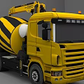 Yellow Concrete Mixer Truck With Black Stripes And Crane Arm For Construction Use