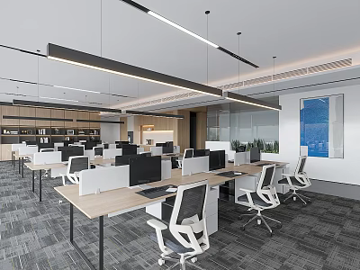 Modern Public Office Space With Desks Computers Ergonomic Chairs And Ceiling Lights 3d model