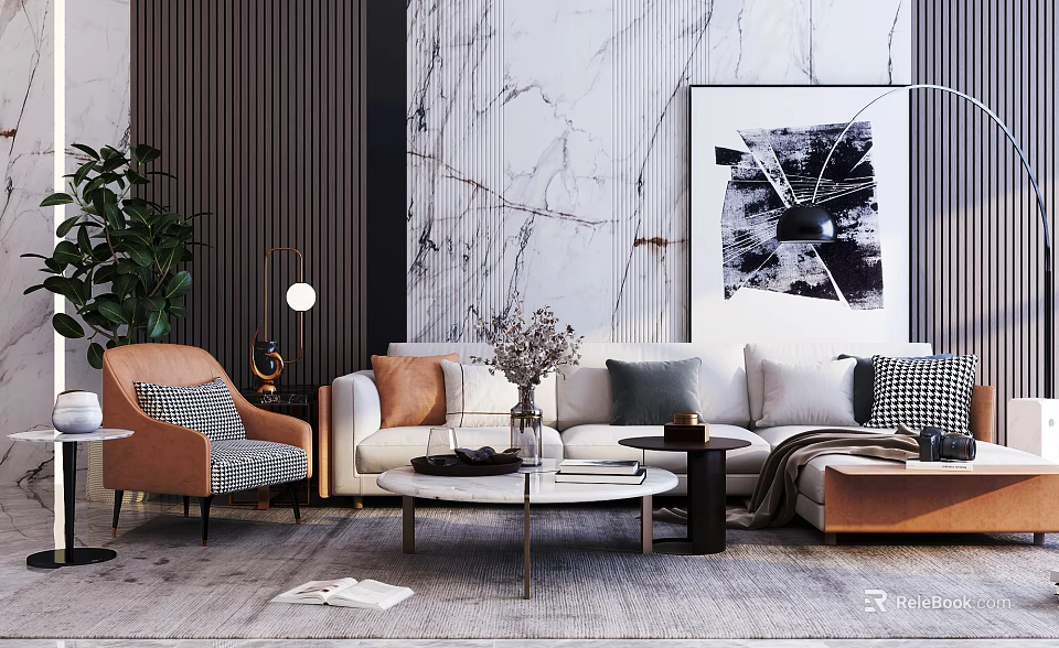 Modern Light Colored Sofa And Coffee Table Set With Decorative Pillows Marble Wall And Artwork 3d model