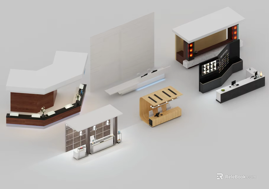 Modern Reception Desk Designs With Wooden Counter Glass Panel And LED Strip Lights 3d model 