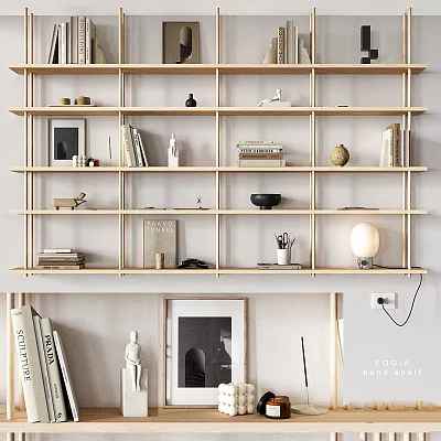 Modern Minimalist Wooden Shelving Unit With Books Decor Figurines And Table Lamp 3d model