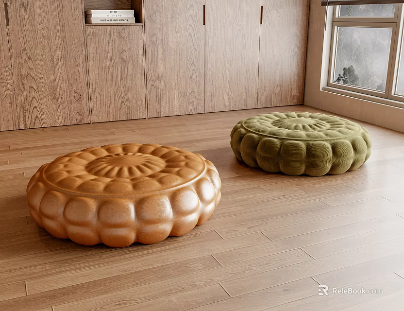 Round Textured Orange And Green Poufs On Wooden Floor Living Room Interior 3d model 
