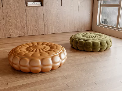 Round Textured Orange And Green Poufs On Wooden Floor Living Room Interior 3d model
