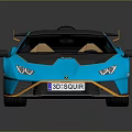 Blue Sports Car With Yellow Accents Black Roof Rear Spoiler And Brown Interior