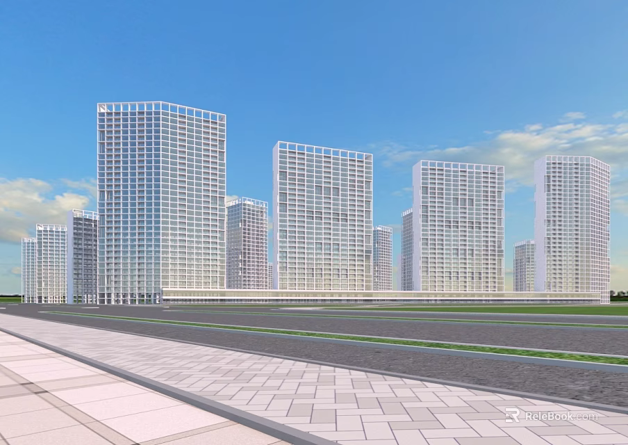Urban Modern Commercial Street With Tall Skyscrapers Blue Sky White Clouds And Paved Road 3d model 