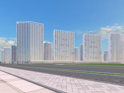 Urban Modern Commercial Street With Tall Skyscrapers Blue Sky White Clouds And Paved Road 3d model