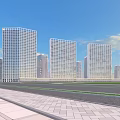 Urban Modern Commercial Street With Tall Skyscrapers Blue Sky White Clouds And Paved Road