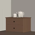Light Wood Nightstand With Two Drawers Silver Handles And White Teapot Cup On Tray