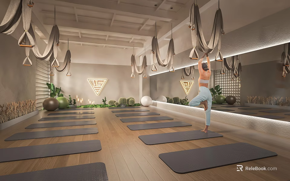 Woman Doing Yoga In Studio With Mats And Suspension Straps 3d model 