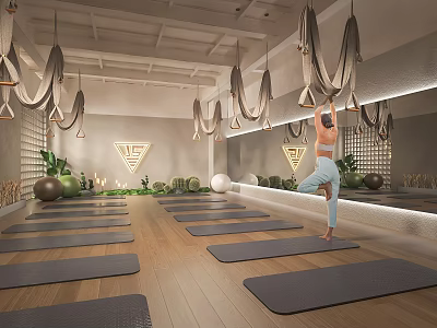 Woman Doing Yoga In Studio With Mats And Suspension Straps 3d model