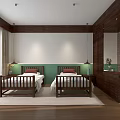 Hotel Guest Room With Twin Beds Wooden Furniture Green And White Walls And Mountain View