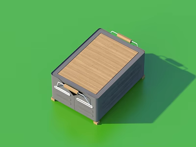 Practical Storage Box With Wooden Lid Gray Body Metal Handles And Bottom Wheels 3d model