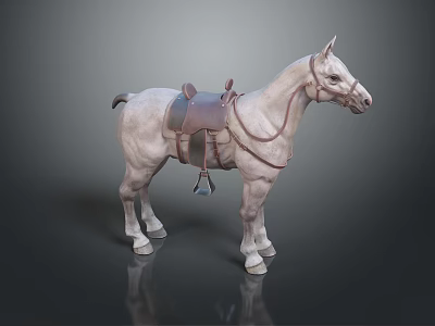 White Horse Model With Brown Saddle And Leather Reins Standing Still 3d model