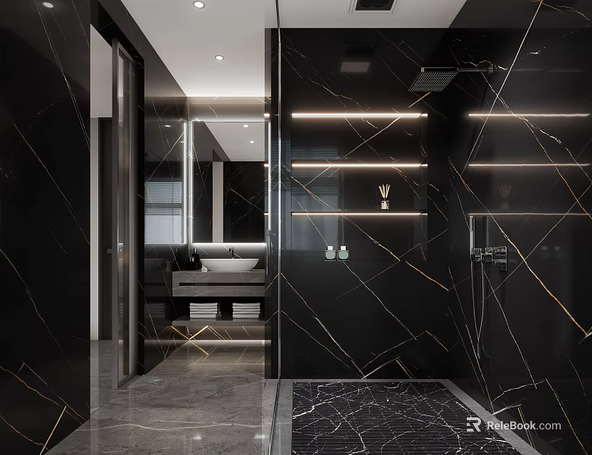 Elegant Modern Black Marble Bathroom With Linear LED Lights Stylish Vanity And Glass Shower Area 3d model 