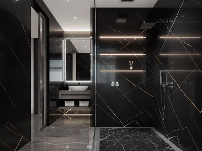Elegant Modern Black Marble Bathroom With Linear LED Lights Stylish Vanity And Glass Shower Area 3d model