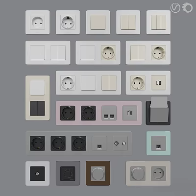 Assorted Household Electrical Switches And Sockets In Multiple Colors And Styles 3d model