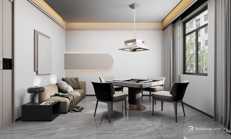 Modern Hotel Mahjong Room Interior With Mahjong Table Comfortable Chairs And Pendant Lighting 3d model 