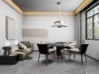 Modern Hotel Mahjong Room Interior With Mahjong Table Comfortable Chairs And Pendant Lighting 3d model