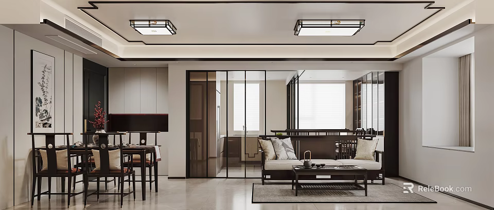 Modern Living Dining Room Interior With Sofa Coffee Table Dining Chairs And Ceiling Lights 3d model