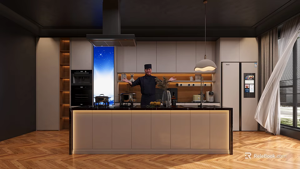 Modern Restaurant Kitchen Interior With Chef Presenting At Island Counter Pendant Light And Herringbone Floor 3d model 