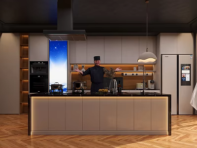 Modern Restaurant Kitchen Interior With Chef Presenting At Island Counter Pendant Light And Herringbone Floor 3d model