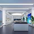 Modern Open Office Showroom With Large Screens Green Plants And Display Counters