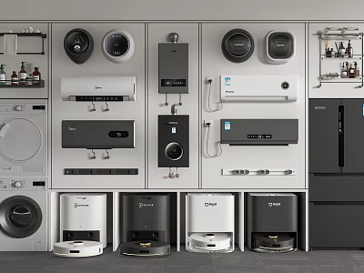 Various Types of Modern Household Appliances Display with Functional Designs Including Refrigerators Washing Machines and Air Conditioners 3d model