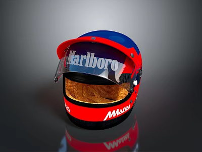 Marlboro Logo Weapon Helmet With Red Blue Design Transparent Visor And Brown Lining 3d model