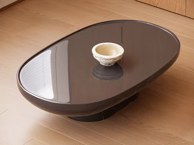 Modern Oval Coffee Table With Dark Smooth Surface And White Bowl On Wooden Floor 3d model
