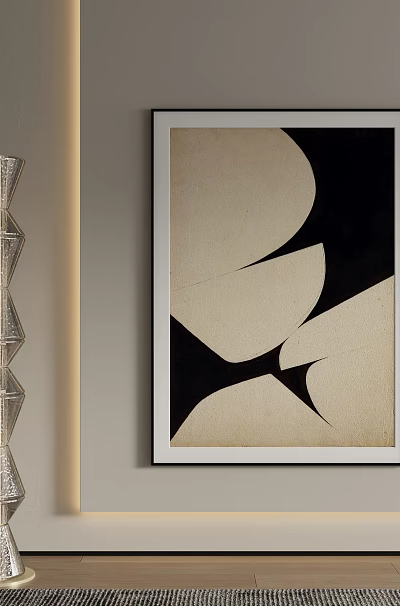 Neutral Toned Framed Landscape Painting With Black And Beige Abstract Shapes Hanging On Gray Wall 3d model