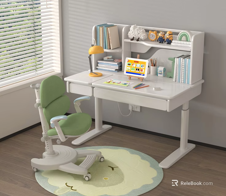 White Kids Study Desk With Green Chair Bookshelf Lamp Tablet And Stationery 3d model 