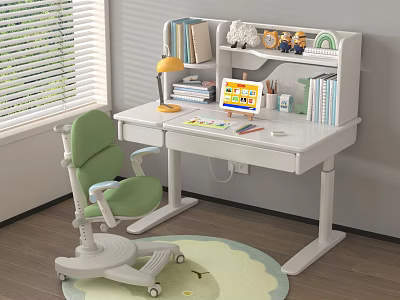 White Kids Study Desk With Green Chair Bookshelf Lamp Tablet And Stationery 3d model