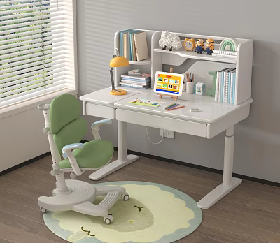 White Kids Study Desk With Green Chair Bookshelf Lamp Tablet And Stationery 3d model