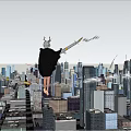 Horned Game Movie Character Flying With Glowing Weapon Over Cityscape Sunset Sky And Birds