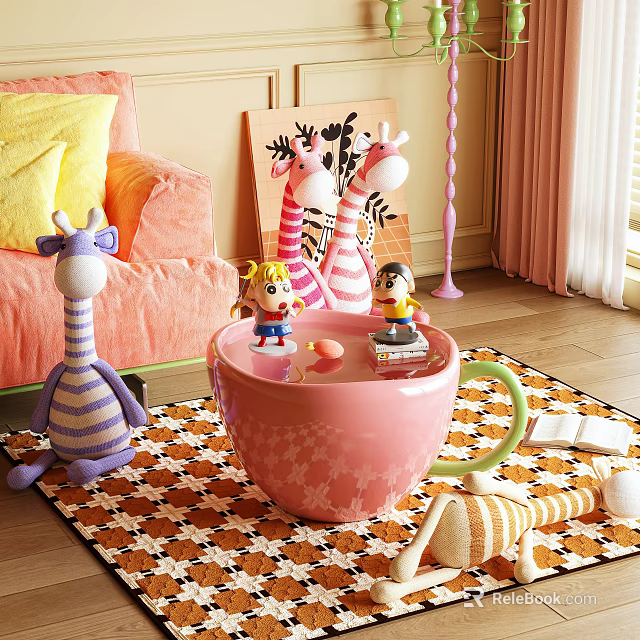 Pink Teacup Shaped Coffee Table With Stuffed Giraffes And Kids Toys In Playroom 3d model 
