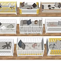 Yellow And White Baby Cribs With Pillows Stuffed Toys And Wooden Frames
