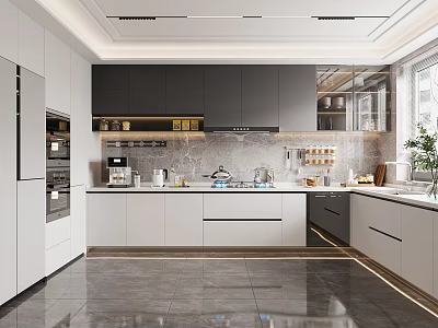 Modern Kitchen Interior Design With Gray White Cabinets Marble Countertop And Appliances 3d model