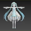 Woman With Turquoise Long Hair And Blue White Dress Wearing Flower Accessory Arms Outstretched