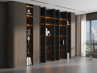 Elegant Modern Wooden Bookcase With Built in Lighting Shelves And Decor Items 3d model