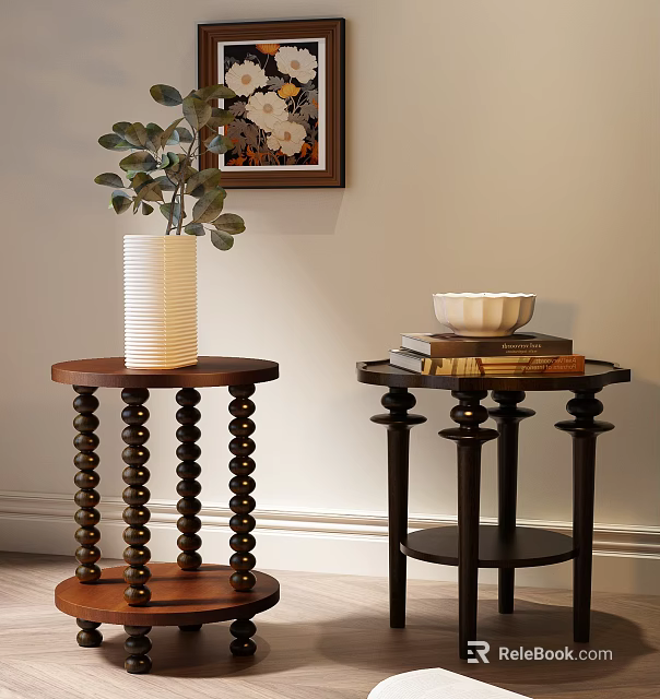Brown Spiral Legs And Black Cylindrical Legs Side Tables With Vase Plant Books Bowl In Interior 3d model 
